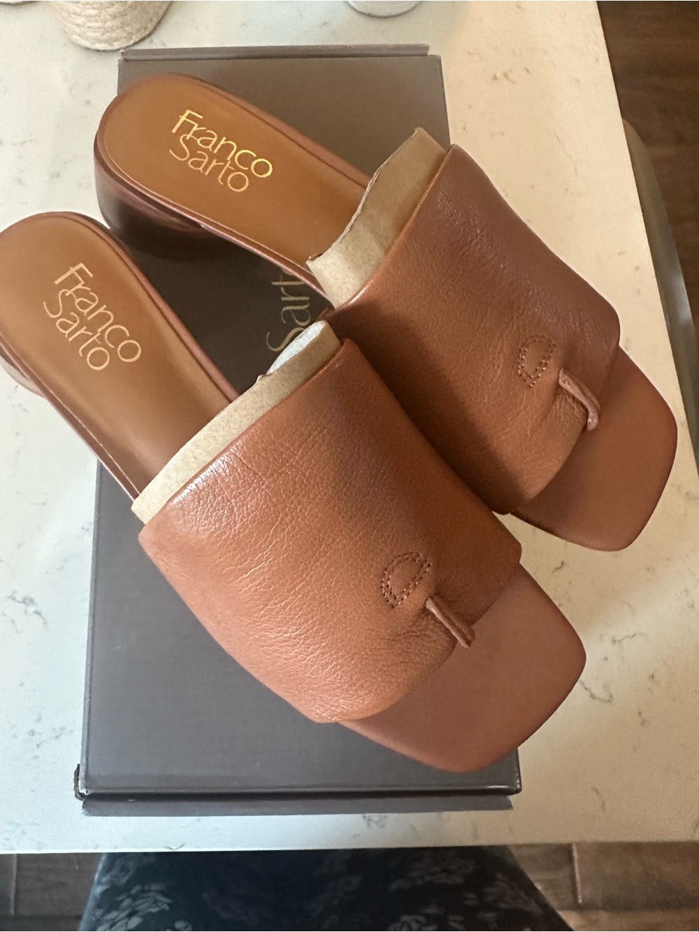 Franco Sarto Tan Brown Leather Slide Mules